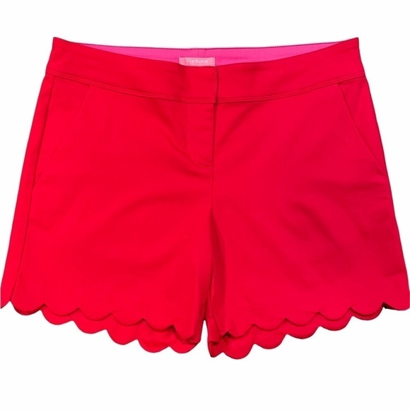 Isaac Mizrahi Red Scalloped Hem Tailored Flat Front Short with Pink Waistband 12 - Picture 1 of 8